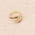 Detailed macro of gold open ring with colorful zircon floral and rainbow baguette gems - Adjustable Open / Rainbow Baguette Flower Style (6#)