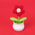 Macro shot of handmade crochet red puff flower in a white ceramic pot with green leaves - Large Single Flower Style / Red