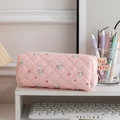 Pink quilted pencil case with cute cartoon bear and floral patterns for stationery - Pink Bunny