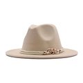 Chapeau fedora en feutre de laine beige avec corde tressée et décoration de chaîne dorée - M (56-58cm) / Poche zippée