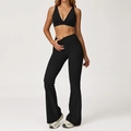 Zwarte yoga set voor dames met V-hals sportbeha en uitlopende legging met hoge taille - S / Beha + Uitlopende Broek / Premium Zwart