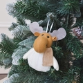 Knitted Christmas moose ornament with gray felt antlers hanging on a green Xmas tree - Linen Style Reindeer Hanging Ornament