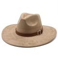 Sombrero jazz de ante caqui de ala ancha con banda de cuero trenzado y hebilla metal - M (56-59cm) / Caqui Claro (Gamuza)