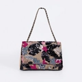 Beige sequined shoulder bag with colorful floral embroidery and chain strap detail - Black Red