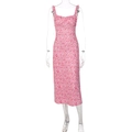 Detail of pink floral midi dress with ruffle straps and pleated chest on white background - S / Pink