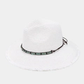Dettaglio cappello di paglia bianco con bordi sfilacciati e fascia etnica con perline - Taglia unica / Bianco