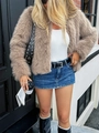 Detailed street style view of elegant brown faux fur coat with chic black studded handbag - S / Khaki