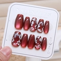 Uñas postizas cat eye burdeos con flores blancas y mariposas pintadas a mano - XS / Rojo Vino Ojo de Gato Mariposa Flor (FM023)