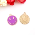 Detail of round smiley face charm with purple enamel and gold finish for jewelry making - Large 16x19mm / Purple