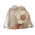 Mini sac seau en paille beige avec décor de fleurs et cerises et cordon - Blanc Cassé
