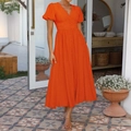 Oranges V-Ausschnitt Midi-Kleid mit kurzen Puffärmeln und vorderer Knopfleiste für Damen - XS / Orange