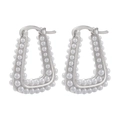 Elegant U-shaped silver metal earrings with white round pearls and secure snap closure - Trapezoid Hoop / Silver