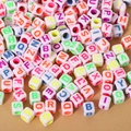 DIY white acrylic square letter beads with multicolored alphabet prints for jewelry making - 6x6mm White With Fluorescent Letters (100pcs)