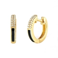 Fashionable gold hoop earrings with black heart enamel and micro-set zircon accents - Black Enamel Micro-Inlaid Zirconia Huggie Earrings (Gold) (JQH0191-GG)