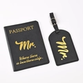 Detail of black PU leather passport holder and luggage tag set with gold Mr. print - Black Boy