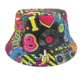 Detail of a black bucket hat featuring retro 80s graffiti prints and pop art elements - Retro 80s
