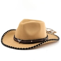 Detail of camel wool felt cowboy hat featuring silver bull head metal and leather band - M (56-58cm) / Camel Black Trim