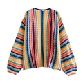 Damen Häkelstrickjacke mit bunten Streifen und Wellenmuster im lässigen, offenen Design für Herbst - S / Bedruckt