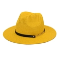 Detail of yellow straw fedora with black leather band and gold chain decoration - M (56-58cm) / Yellow