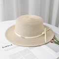 Elegant beige raffia boater hat with white ribbon and bow for summer sun protection - Thin Ribbon Small Label / Off White