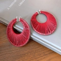 Red woven hoop earrings with silver beaded accents in a boho geometric style - Large / Silver-Red
