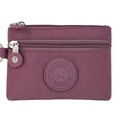 Mini purple nylon coin purse with double zipper, keyring and logo detail on white background - Purple Potato Red