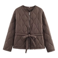 Detail of diamond-quilted brown jacket featuring a drawstring waist and metal zipper - S / Coffee