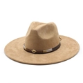 Cappello fedora jazz in pelle scamosciata cammello con tesa larga e fascia in conchiglia - M (56-59cm) / Cammello Pelle Scamosciata