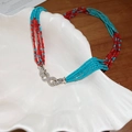 Multi-strand beaded necklace in vibrant red and turquoise with silver rhinestone ring clasp - 21# Multi-strand Red Turquoise Necklace / Navy Blue and Red