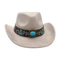 Light grey western cowboy hat featuring turquoise embroidery on brown leather band - Grey [Wide Leather Embroidery]