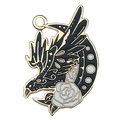 Dark gothic raven pendant with crescent moon and white rose in black enamel finish - Flying Crow Rose
