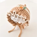 Baby girl knit hat with brown and cream stripes, ruffle edge and floral decor - 3M-2Y / Khaki