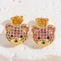 Pink zircon teddy bear stud earrings with gold plating and sparkling crystal details - Little Bear Studs / Gold Rose Red Zirconia
