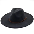 Classic dark blue wool fedora hat with a flat wide brim and brown leather belt trim - Dark Gray