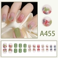 Short round press-on nails with colorful ink smudge gradient in green and pink - Ink Smudge Short Round Square Style (A455) / Glue Type