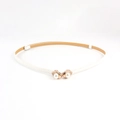 White thin waist belt with golden square buckle and pearl decor for women dresses - 19283 White/Pearl Double Ring Buckle