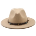 Detail of bohemian wool fedora with woven band, turquoise beads and metallic studs - Beige