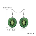 Vibrant green kiwi slice drop earrings with silver metal hooks and size measurements - Kiwi