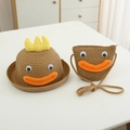 Détail du chapeau de paille et sac avec visage de canard et couronne pour enfant - Ensemble Chapeau + Sac / Kaki