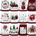 Set of 12 Christmas microfiber kitchen towels with festive prints and red buffalo plaid - Design 31 (12PCS)