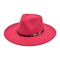 Classic deep pink wide brim fedora hat with a black band and gold buckle detail - M (56-58cm) / Rose Red