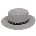 Gray flat top straw sun hat featuring a black band with silver star metal studs - Five-pointed Star Studded Band Style (301L)