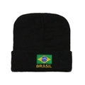 Zwarte gebreide wintermuts met geborduurde Braziliaanse vlag en gele tekstprint - M (56-58cm) / Zwart