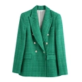 Levendige groene tweed blazer met dubbele rij knopen, zilveren knopen en professionele snit - XS / Smaragdgroen