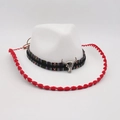 White felt cowboy hat with red trim, ethnic ribbon, and silver bull skull ornament - One Size / White Red Edge