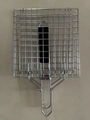 Rectangle stainless steel grill pan with perforated oil filter holes and a long wooden handle - 22x22cm Burger Grill Net