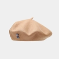Detailed texture of wool beret with side button accents and small top loop detail - One Size / Khaki