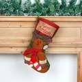 Reindeer Christmas stocking decoration with Merry Christmas text on rustic fireplace - Faux Leather Style Reindeer