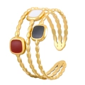 Three-layer wave ring in gold with red, black, and white enamel square accents - Tricolor Enamel Wave (X227)