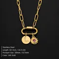 Gold plated stainless steel necklace with crystal letter L and pink flower charm pendant - Gold / L